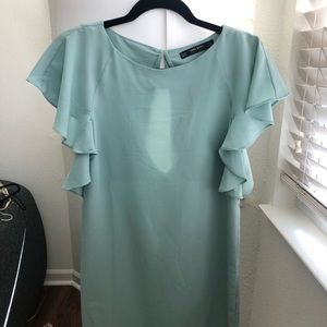 Zara pastel green shift dress ruffle sleeves